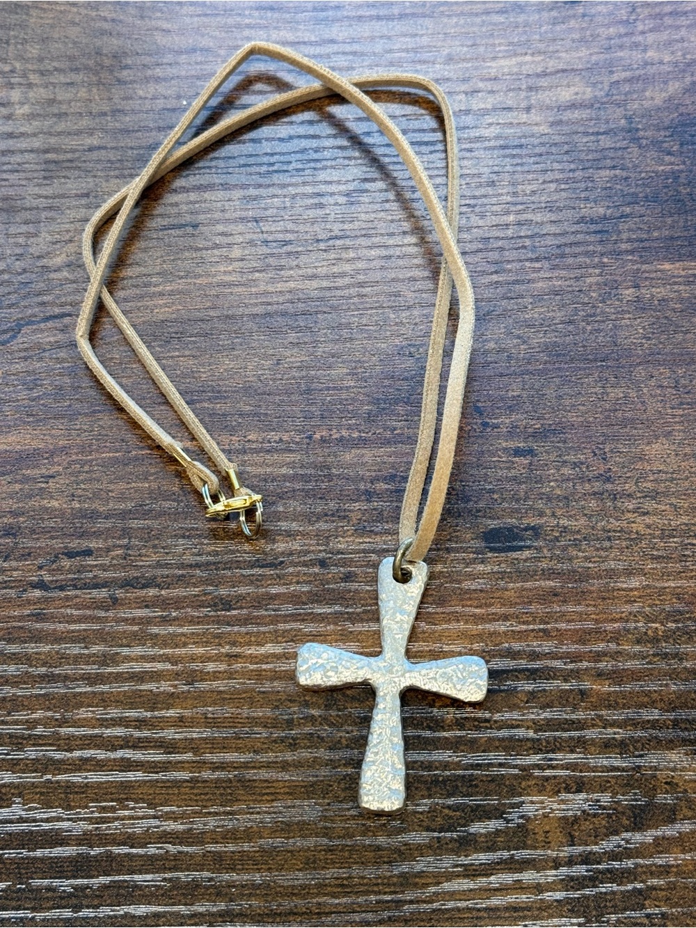 Textured Silver Cross Necklace on Tan Suede Cord